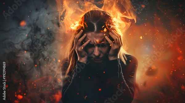 Obraz A man with a burning and smoking head as a concept for emotional burnout. AI Generated
