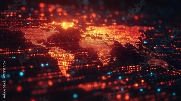 Obraz An abstract background with a digital world map, binary code, and global network connections, highlighting data transfer and cybersecurity.