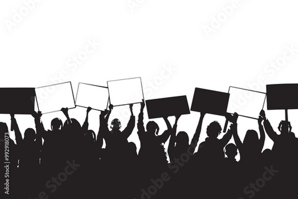 Obraz Vector illustration black silhouette of crowd of people at protest rally. People hold banners and placards in their hands.