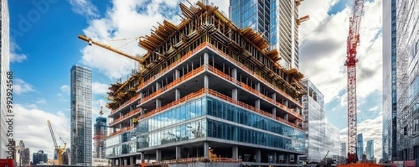 Obraz Image of a new high-rise office building under construction, showcasing the use of glass and steel to create a sustainable workplace
