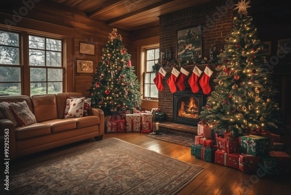 Fototapeta Christmas atmosphere in the living room with a tree, fireplace, and presents, ready for the holiday evening