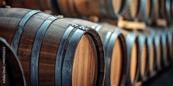 Fototapeta A collection of wooden barrels lined up in a cellar. Each barrel is crafted from high-quality wood with sturdy metal bands. Ideal for wine lovers and distilleries. Captivating rustic style. AI