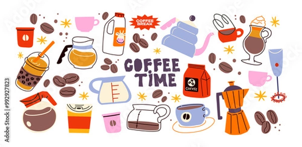 Fototapeta Coffee stickers set. Coffee makers, kettles, brewing, arabica coffee, glass,espresso,cappuccino, beans.Graphic doodle minimalist retro icons.Coffee shop patches