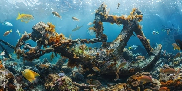 Fototapeta Enormous anchor from a sunken cruise ship, covered in marine growth and surrounded by fish.