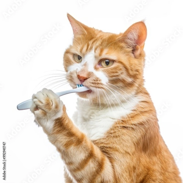 Obraz A ginger cat brushes its teeth with a toothbrush