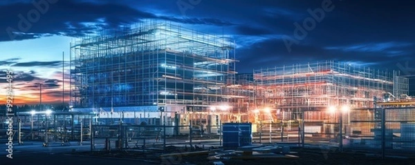 Obraz Night view of a futuristic data center under construction, highlighting the security perimeters and energy-efficient cooling systems