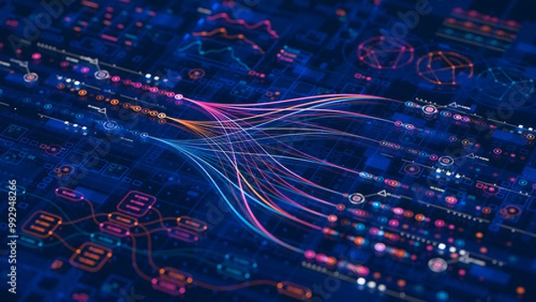 Obraz Big data technology Data science analysing artificial intelligence generative AI deep learning machine learning algorithm Neural flow network analytics innovation abstract futuristic. 3d rendering..