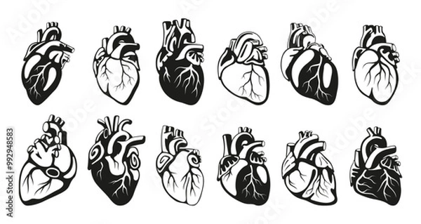 Fototapeta Human heart different shape black monochrome set isometric vector illustration