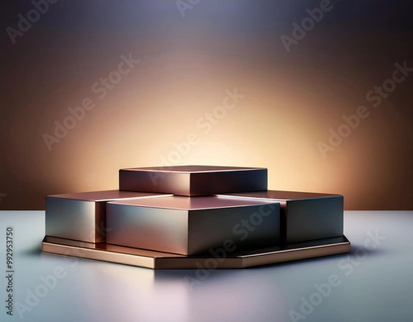 Obraz 3 hexagons podium 3 level The surface has a sleek, metallic or glossy texture 3D backgrounds 