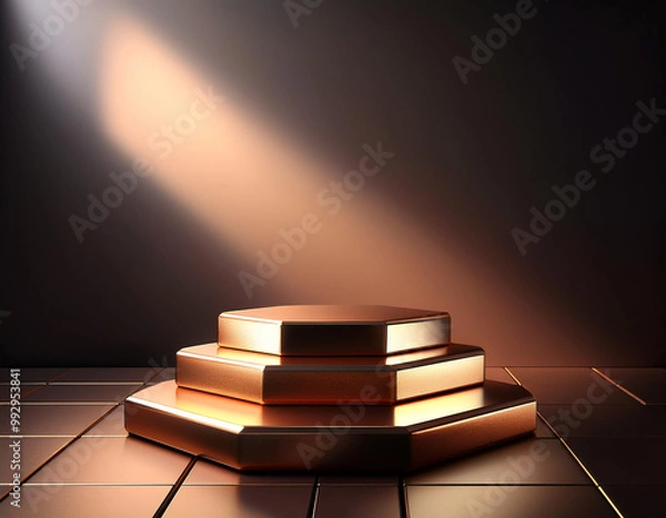 Obraz 3 hexagons podium 3 level The surface has a sleek, metallic or glossy texture 3D backgrounds 
