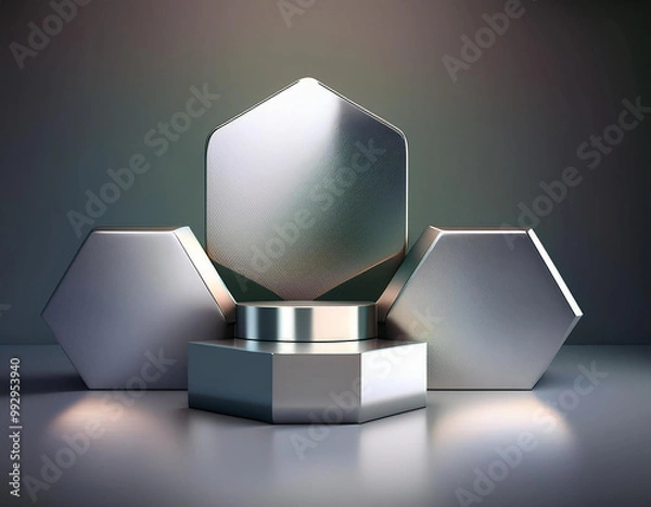 Obraz Hexagons podium 3 level The surface has a sleek, silver texture 3D backgrounds 