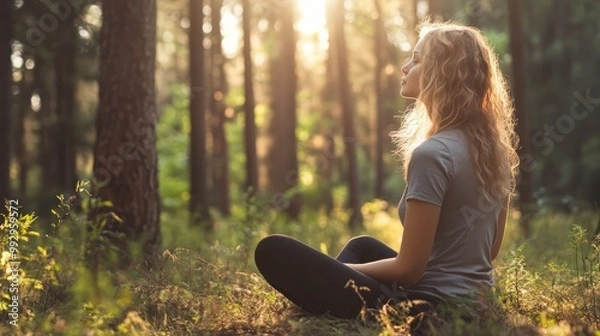 Fototapeta Peaceful woman meditating in serene forest at sunrise, embodying connection with nature, tranquility, and mindful relaxation.