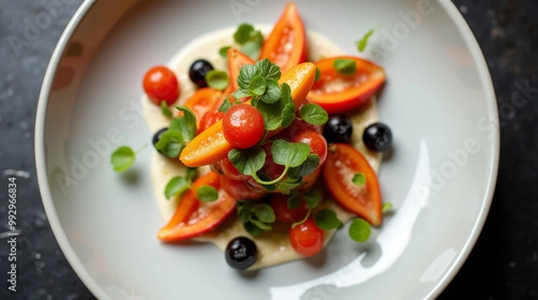 Fototapeta A colorful salad features sliced tomatoes, cherry tomatoes, and fresh herbs arranged artfully on a plate, ideal for a healthy lunch option