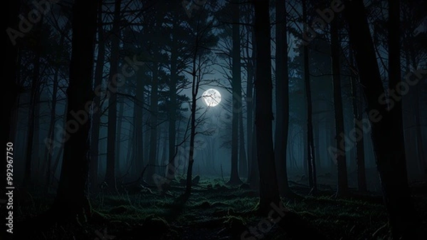 Fototapeta A dark and mysterious forest with a full moon in the background.