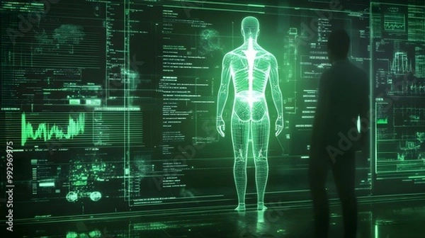 Fototapeta A Wireframe Human Figure Projected onto a Green Digital Screen