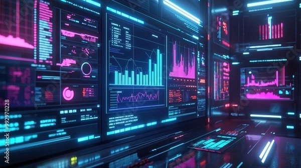 Fototapeta High-tech control room with glowing data visualizations, charts, and graphs displayed across multiple neon-lit digital screens. Perfect for technology, cybersecurity, and AI projects.