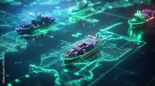 Fototapeta A holographic map displays AI-powered ships moving along global supply chain routes, Advanced logistics, smart transportation, and real-time tracking in a futuristic, connected world.