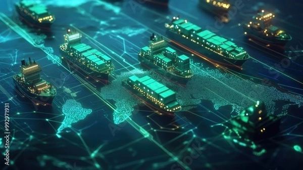 Fototapeta Smart shipping logistics, real-time tracking, and worldwide trade connectivity in a futuristic setting, Holographic world map and AI-driven ships moving along global supply chain networks.