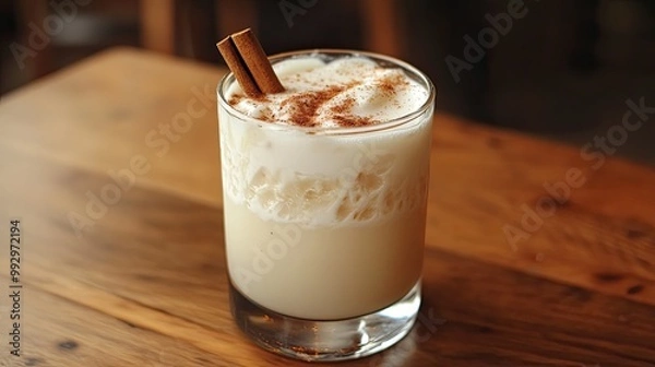 Fototapeta Creamy drink in a glass, topped with cinnamon. Perfect for use in blogs, social media, and articles about winter drinks.