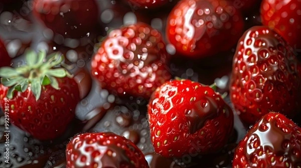 Obraz Fresh strawberries covered chocolate on black background
