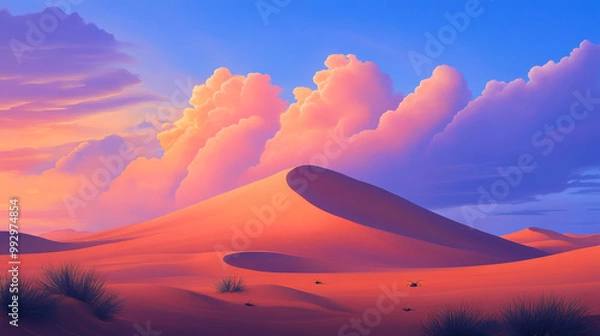 Fototapeta Vivid desert scene with tall sand dunes and a colorful sky featuring pink and purple clouds, showcasing the beauty of the desert at sunset.