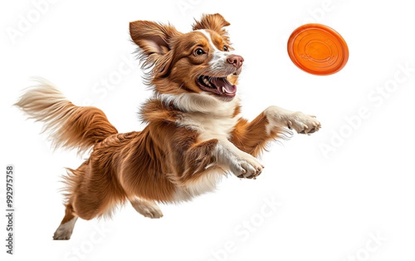 Fototapeta A playful dog leaps joyfully to catch an orange frisbee, showcasing agility and excitement in a vibrant action shot.