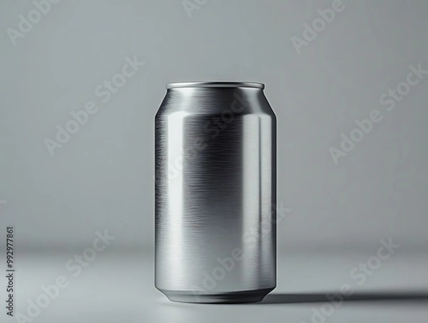 Obraz Realistic 3D Illustration: Sleek Silver Aluminum Can on a Clean Gray Background