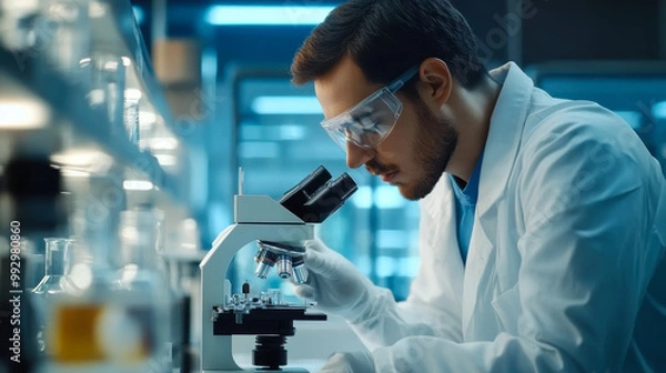Obraz In a Modern Laboratory Two Scientists Conduct Experiments. Chief Research Scientist is Looking in a Microscope.