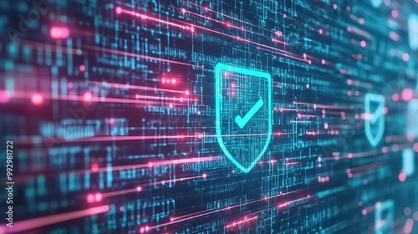 Fototapeta Virtual private network VPN shield, secure data flow, 3D illustration