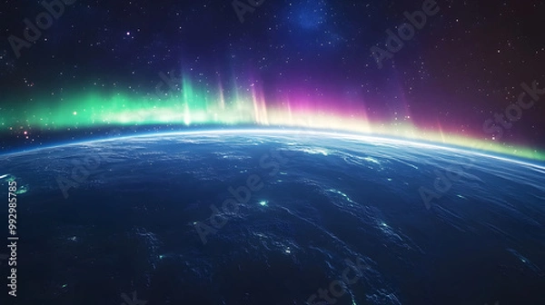 Obraz A Stunning View of Aurora Borealis Seen from Space with Vivid Waves of Light Dancing Across Earth's Atmosphere