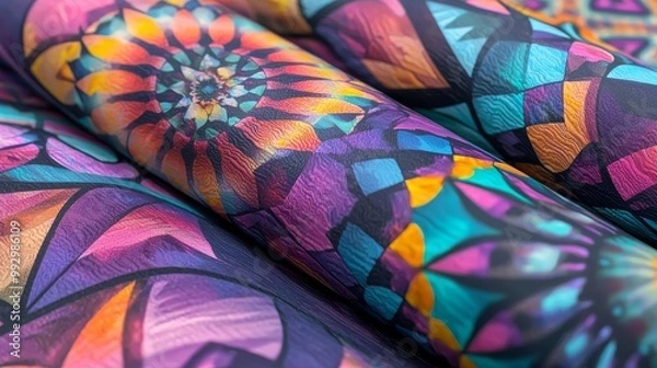 Fototapeta Vibrant and intricate abstract patterns on rolled textiles in vivid colors, showcasing artistic design.