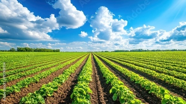 Fototapeta A vibrant green field with rows of crops under a bright blue sky and fluffy clouds.