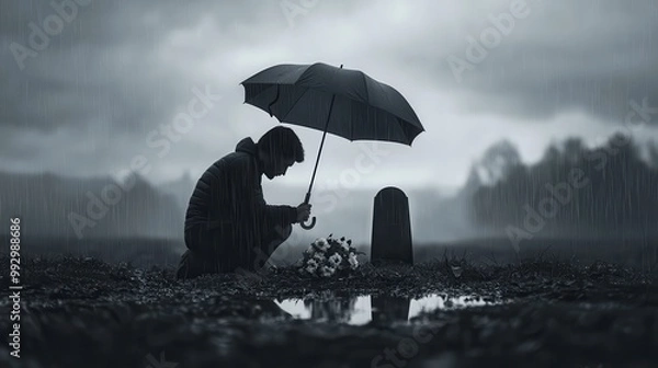Obraz Person kneeling in front of a gravestone in the rain holding an umbrella