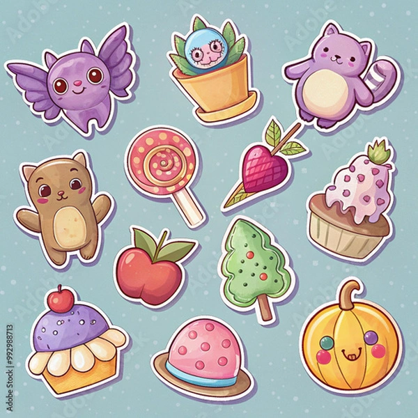 Fototapeta A colorful set of cute stickers featuring whimsical animals and sweet treats, perfect for decorating and personalizing.