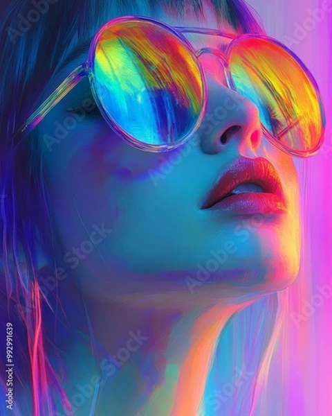 Fototapeta A young woman with vibrant sunglasses against a colorful backdrop in daylight