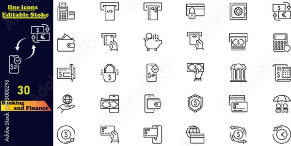 Fototapeta Banking and Finance editable stroke icon collection, featuring icons for bank, currency exchange, cheque, security guard, money transfer, loan, and mobile banking. Editable outline icon set.