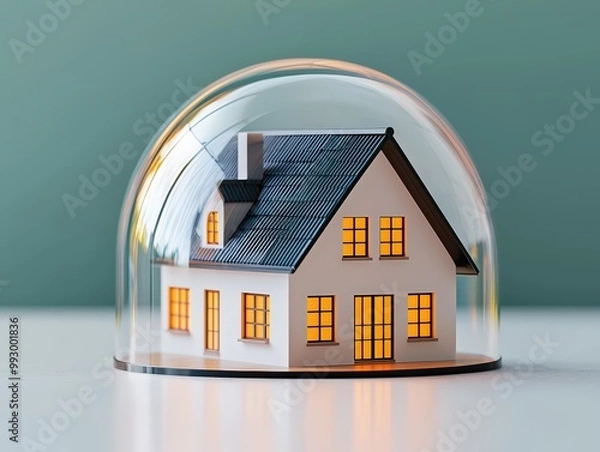 Fototapeta A house figurine under a glowing protective bubble, resting on a clean white desk in a brightly lit modern office. Minimalistic, peaceful. 3D render, top view with space for text.