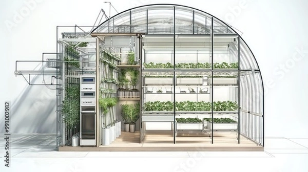 Fototapeta Technical drawing for a compact urban greenhouse, highlighting vertical growing systems and climate control technologies