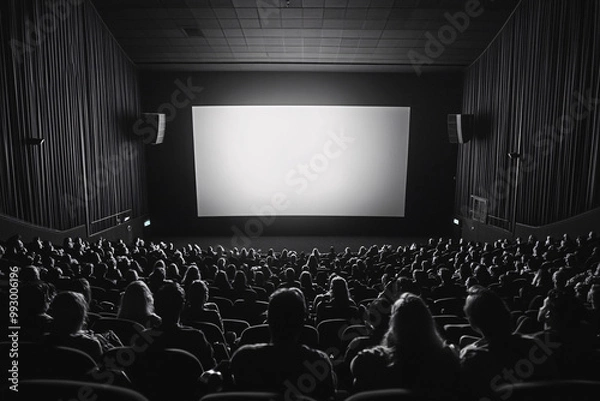 Fototapeta Crowded cinema theater with a large blank screen in front in a black and white setting
