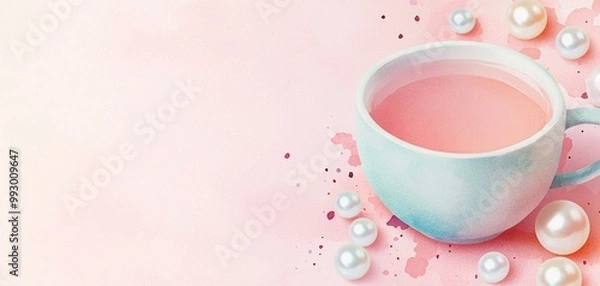 Fototapeta A beautiful pastel cup filled with pink liquid, surrounded by decorative pearls, creating a serene and minimalistic aesthetic perfect for social media or branding.