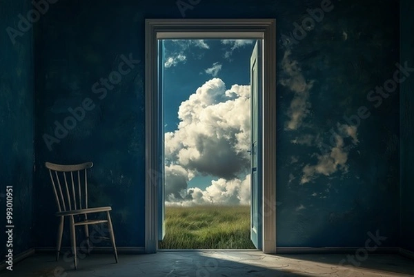 Fototapeta Wooden chair in dark room with open door to cloudy sky and grassy field.