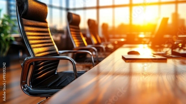 Fototapeta Empty office chairs and wooden table in modern sunlit workspace
