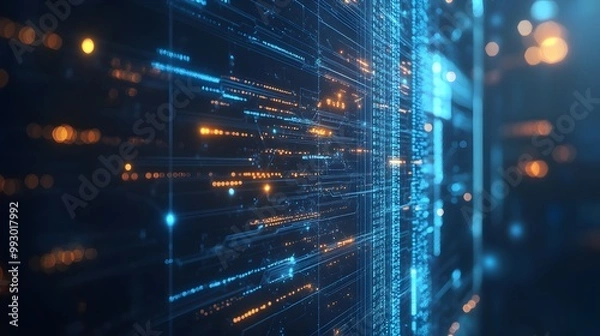 Fototapeta Abstract digital network with glowing blue and orange lines and dots