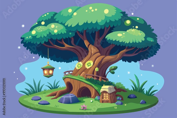Fototapeta Explore a customizable semi-flat illustration of a magical tree with glowing elements and cozy surroundings, Customizable semi-flat illustration of a magic tree.