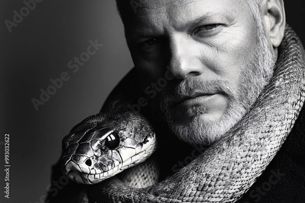 Fototapeta This photograph captures a rugged man in a black and white portrayal with a large snake wrapped around his neck, creating a powerful image of strength and mystery.
