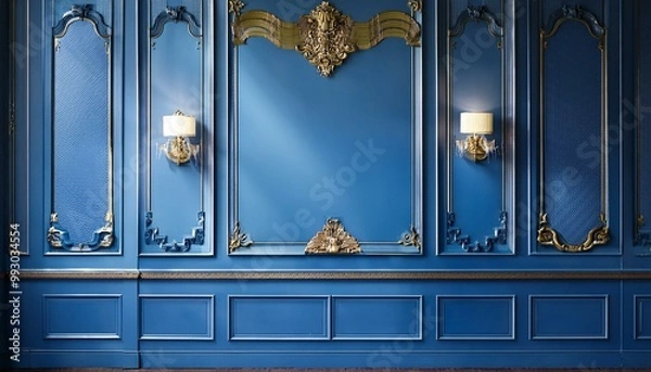Fototapeta Wall panels. Classic interior wooden wall. Modern luxury blue decor.
