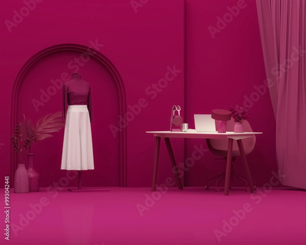Fototapeta Minimal office table desk on viva magenta background. Minimal idea concept for study desk, lamp, plant vase and workspace. Work from home office.	
