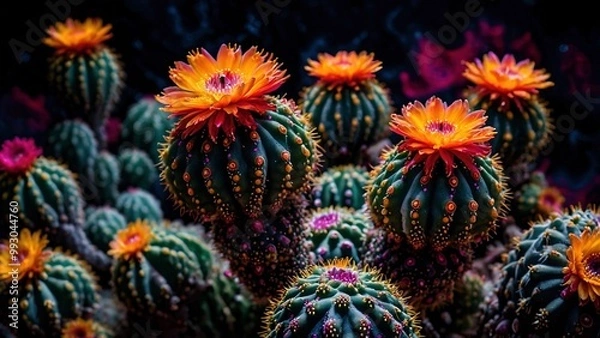 Obraz Beautiful psychedelic art illustration of entheogenic flowering Peyote cactuses against the dark background. Vibrant Lophophora williamsii trippy psychoactive psy trance illustration artwork.