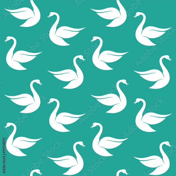 Fototapeta Vector seamless pattern with white swan on blue background. wall