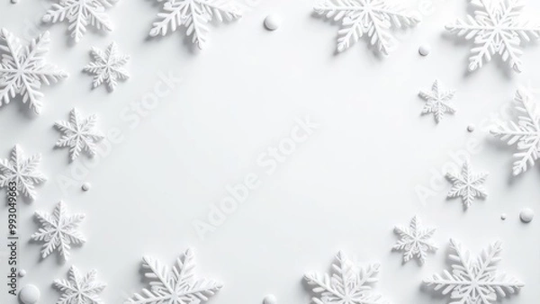 Fototapeta White background with decorative snowflakes placed around the frame, copy space in the center
Concept: winter background, snowflakes design, Christmas decoration, festive border, seasonal frame